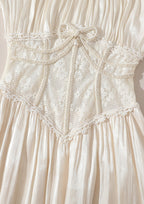 Flowering Girl Women Square neck puff sleeve lace satin maxi dress - white