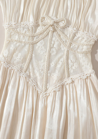 Square neck puff sleeve lace satin maxi dress - white