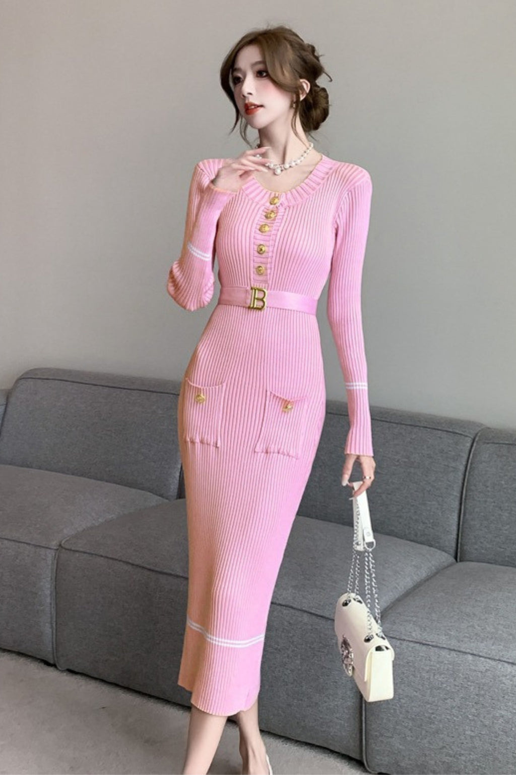 Flowering Girl Women Metal Button Jersey Long Sleeve Midi Dress Pink