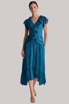 Flowering Girl Women Ruffled Crinkle-Textured Maxi Dress in dark blue