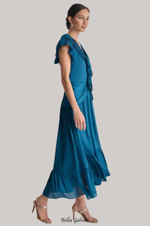 Flowering Girl Women Ruffled Crinkle-Textured Maxi Dress in dark blue