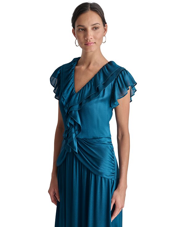 Flowering Girl Women Ruffled Crinkle-Textured Maxi Dress in dark blue