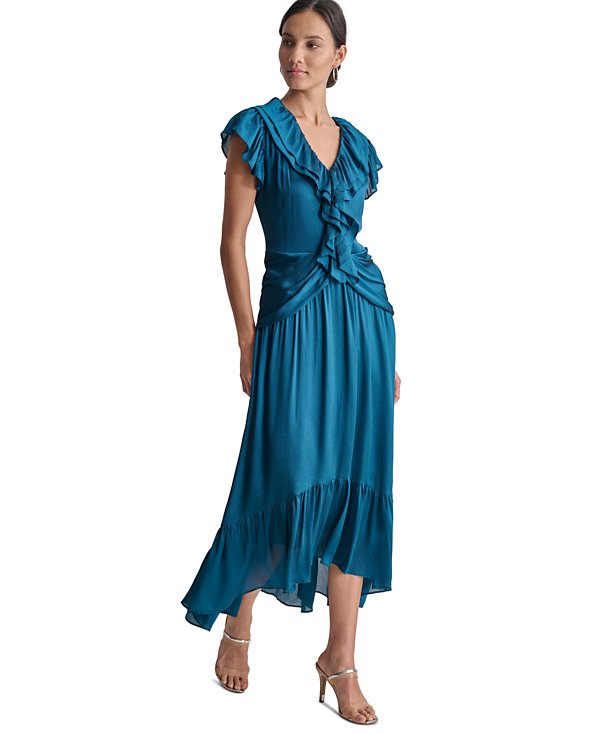 Flowering Girl Women Ruffled Crinkle-Textured Maxi Dress in dark blue