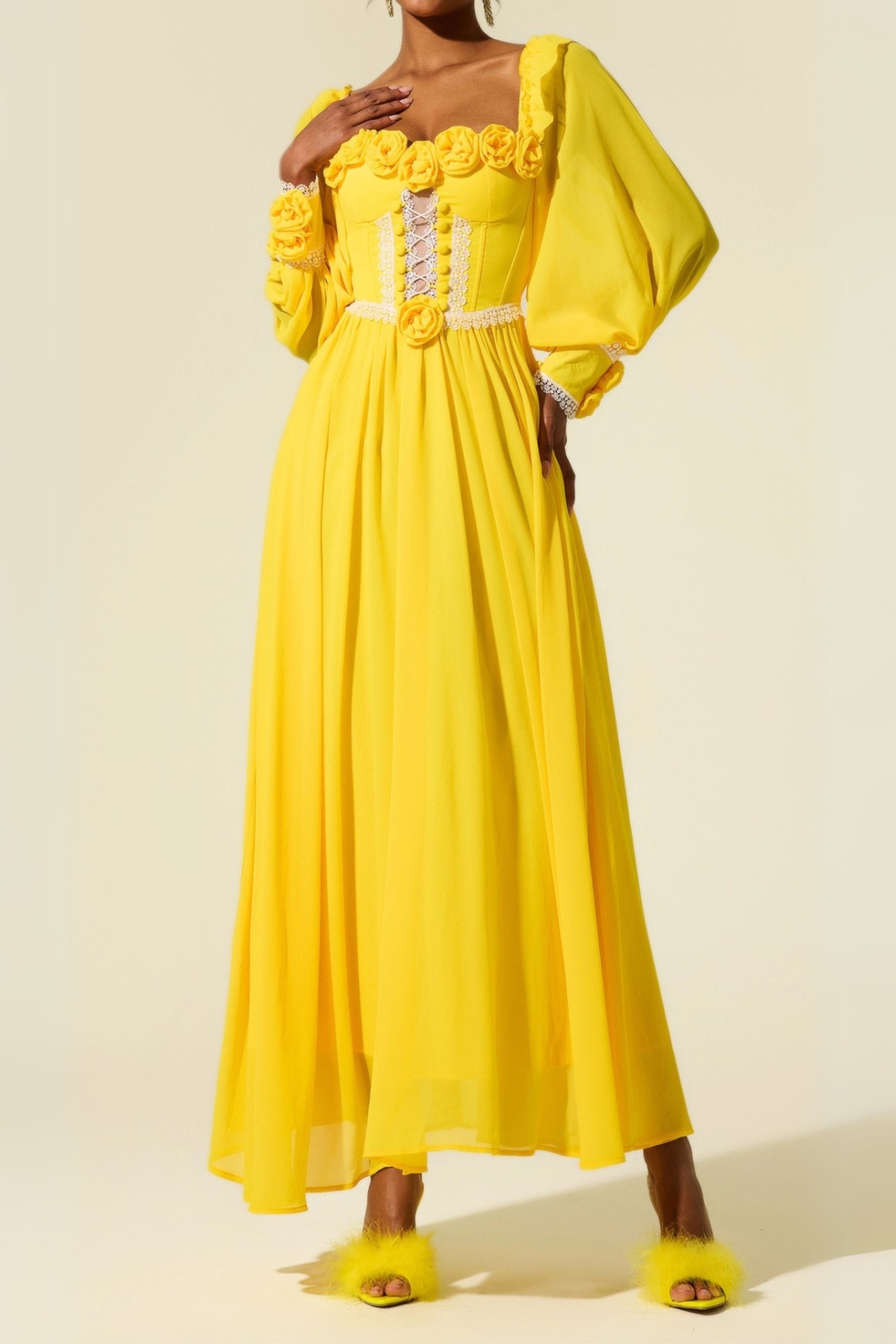 Flowering Girl Women Chiffon 3D Flower Long Sleeve Midi Dress In Yellow