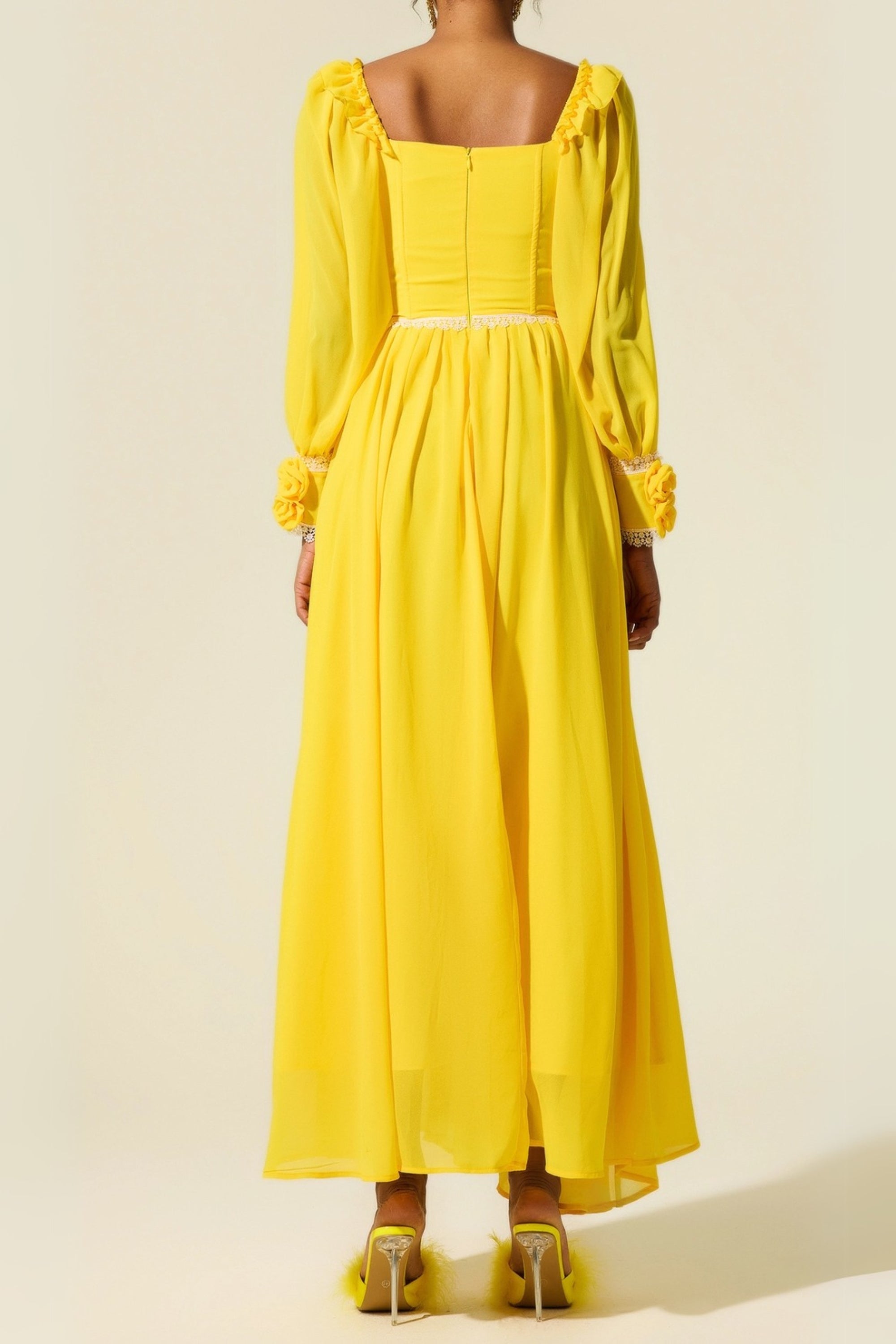 Flowering Girl Women Chiffon 3D Flower Long Sleeve Midi Dress In Yellow