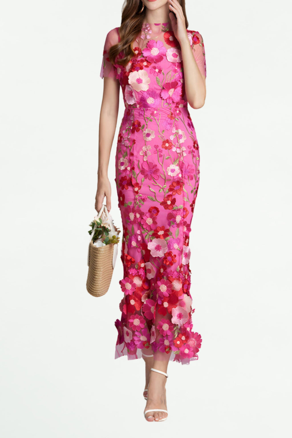 Flowering Girl Women Carol Rose Red Floral Embroidery Mesh Fishtail Midi Dress