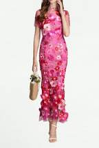 Flowering Girl Women Carol Rose Red Floral Embroidery Mesh Fishtail Midi Dress