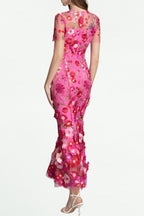 Flowering Girl Women Carol Rose Red Floral Embroidery Mesh Fishtail Midi Dress