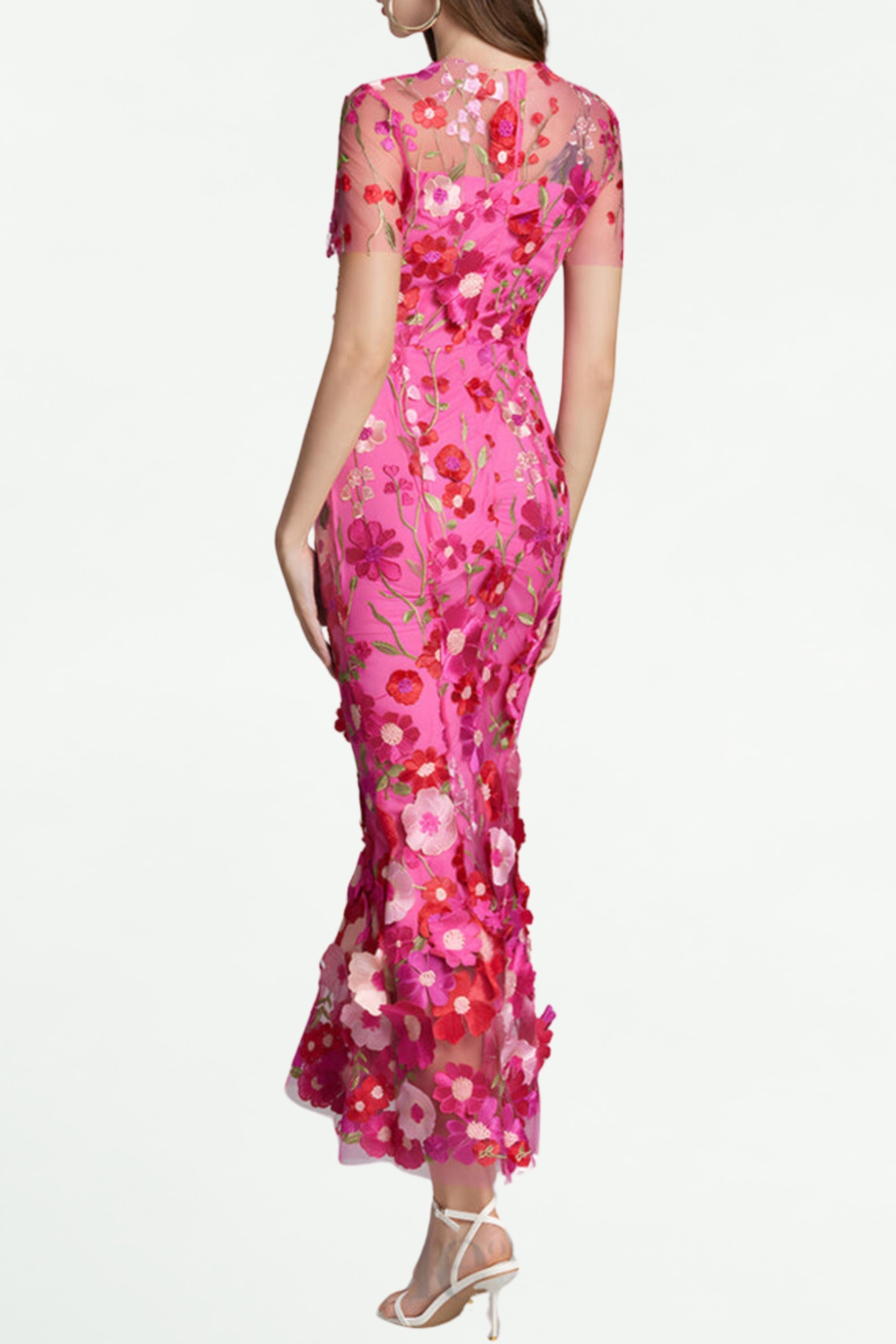 Flowering Girl Women Carol Rose Red Floral Embroidery Mesh Fishtail Midi Dress