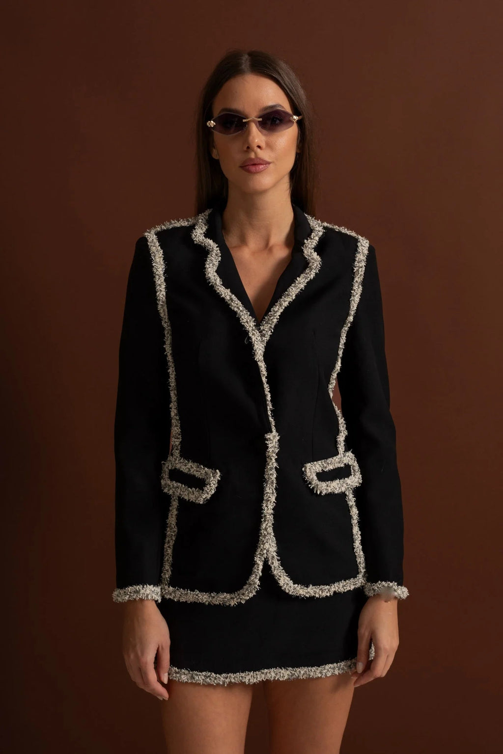 June Tweed Trim Blazer Matching Mini Skirt Set - Black