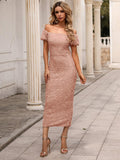 Off Shoulder Glitter Midi Cocktail Dress