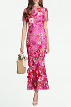 Flowering Girl Women Carol Rose Red Floral Embroidery Mesh Fishtail Midi Dress