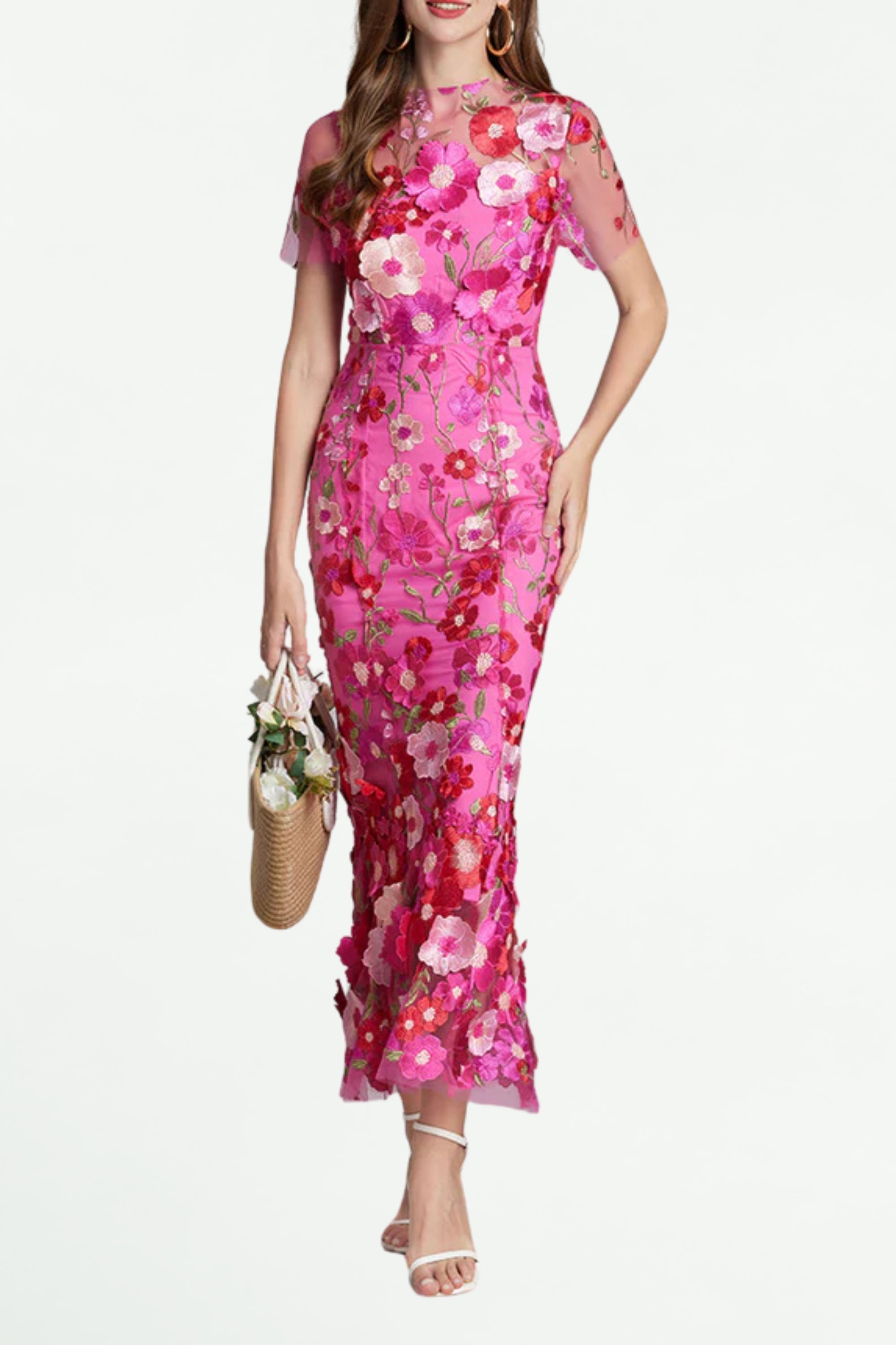 Flowering Girl Women Carol Rose Red Floral Embroidery Mesh Fishtail Midi Dress