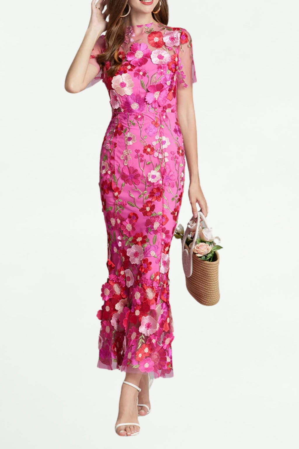 Flowering Girl Women Carol Rose Red Floral Embroidery Mesh Fishtail Midi Dress