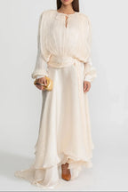 ivory Pleated Bodice Draped puff sleeve Maxi Dress