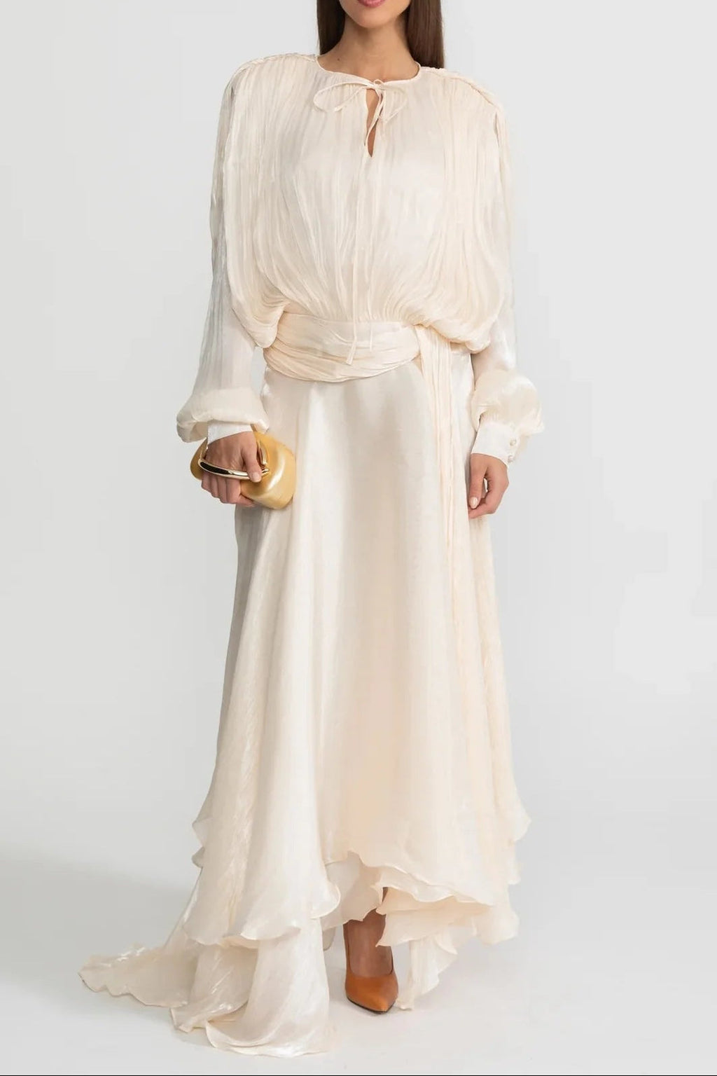 Ivory Pleated Bodice Draped Puff Sleeve Maxi Dress