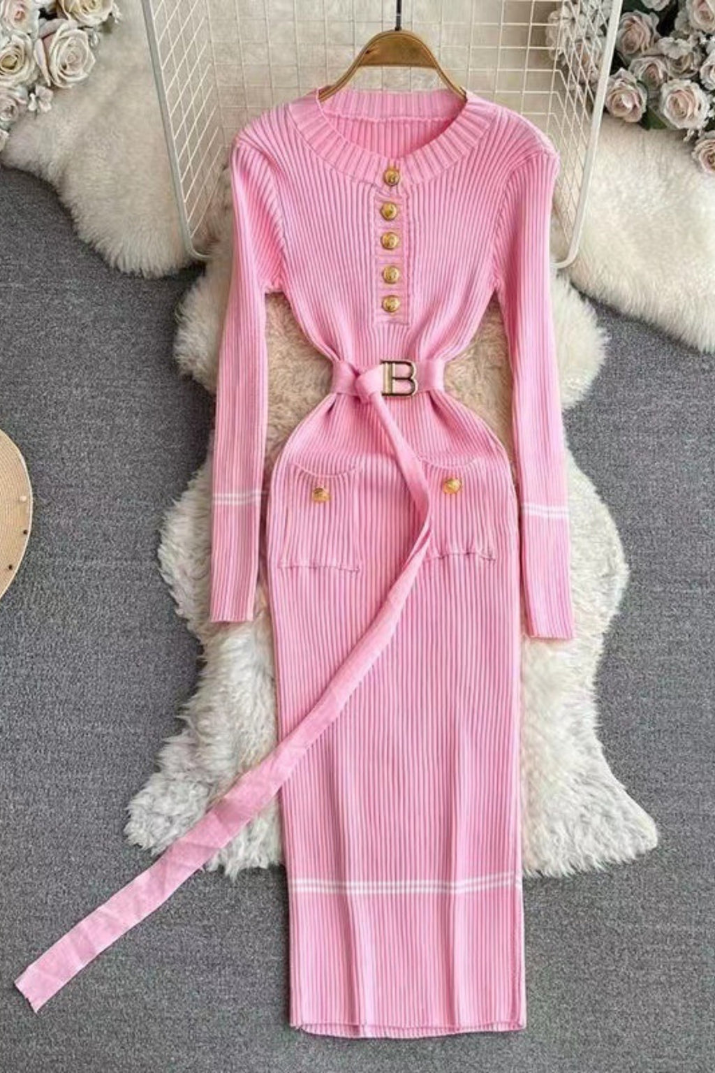 Flowering Girl Women Metal Button Jersey Long Sleeve Midi Dress Pink