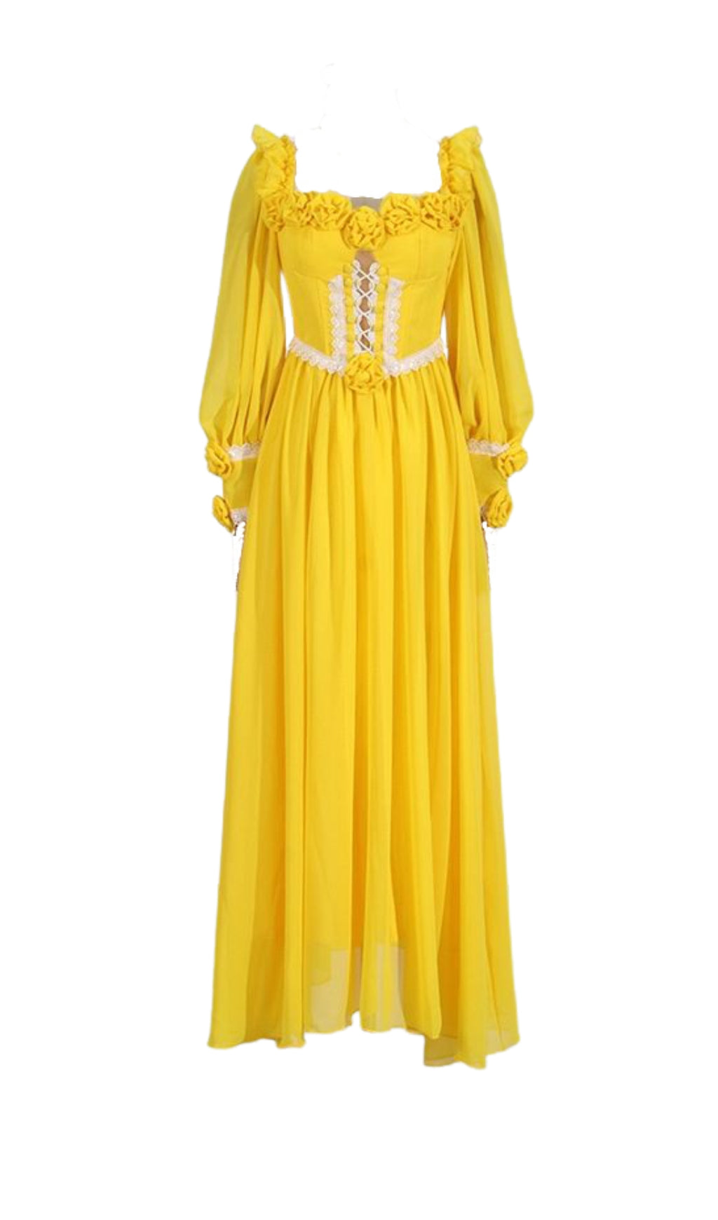 Flowering Girl Women Chiffon 3D Flower Long Sleeve Midi Dress in yellow
