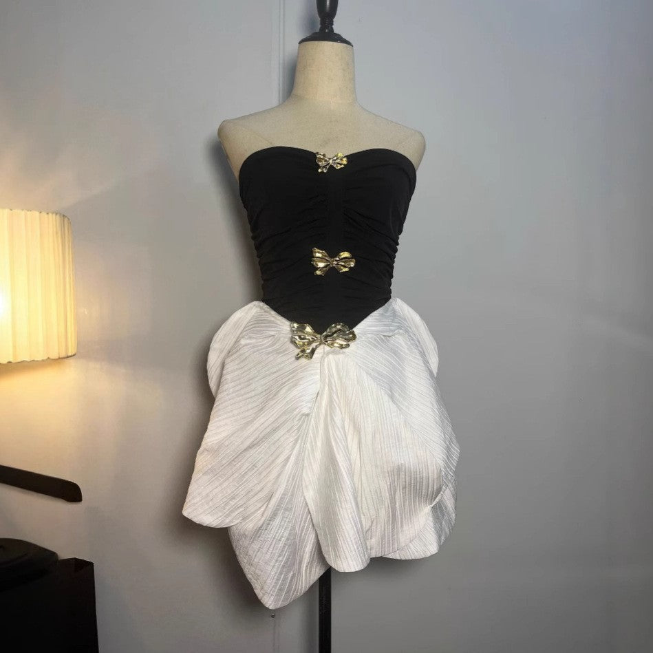 Flowering Girl Women two-tone bow strapless ruched mini dress