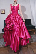 Fuchsia Square Neck 3D Flower Taffeta Ball Gown