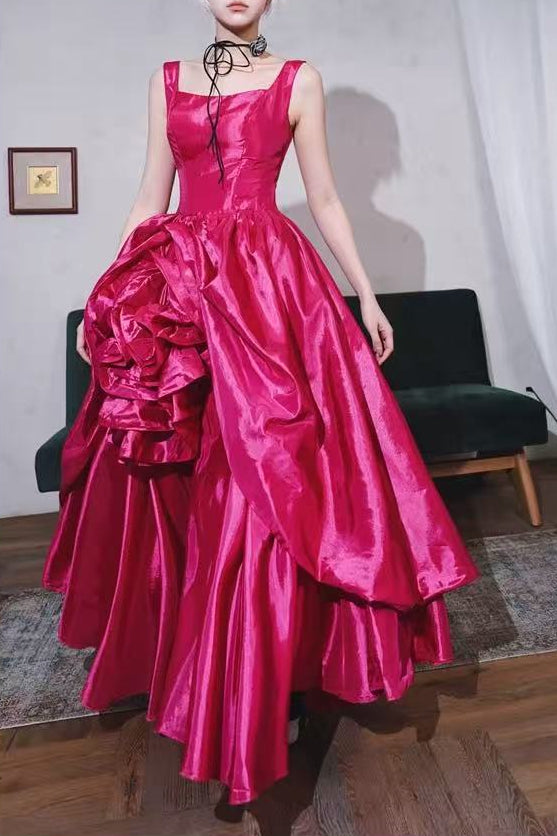 Fuchsia Square Neck 3D Flower Taffeta Ball Gown