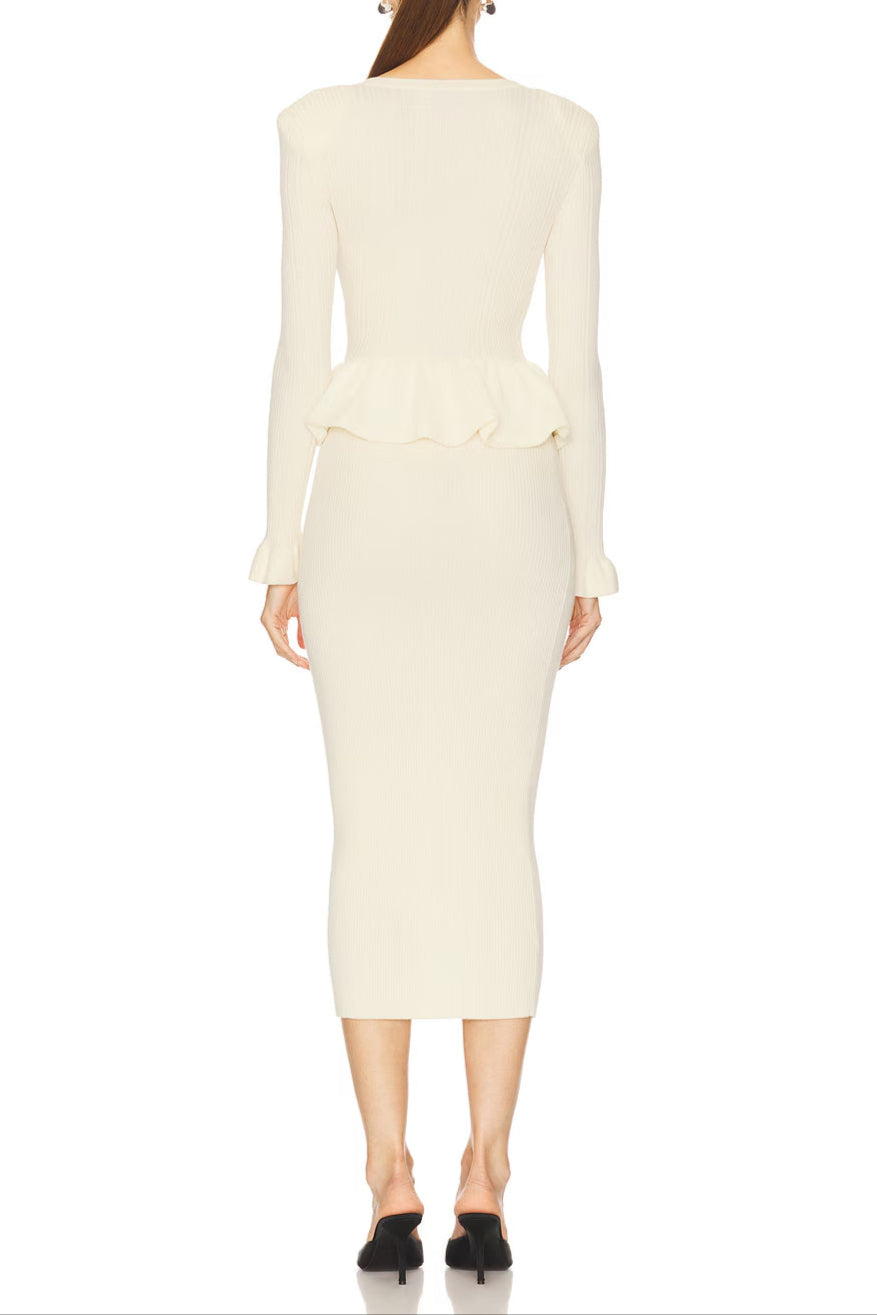 caroline Asymmetric Knit Midi Dress in beige