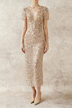 Embroidery v -Neck Midi Dress In Beige