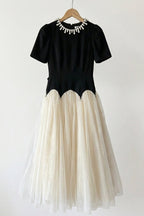 Leona Black-White Two-Tone Rhinestone Neck Tulle Maxi Dress