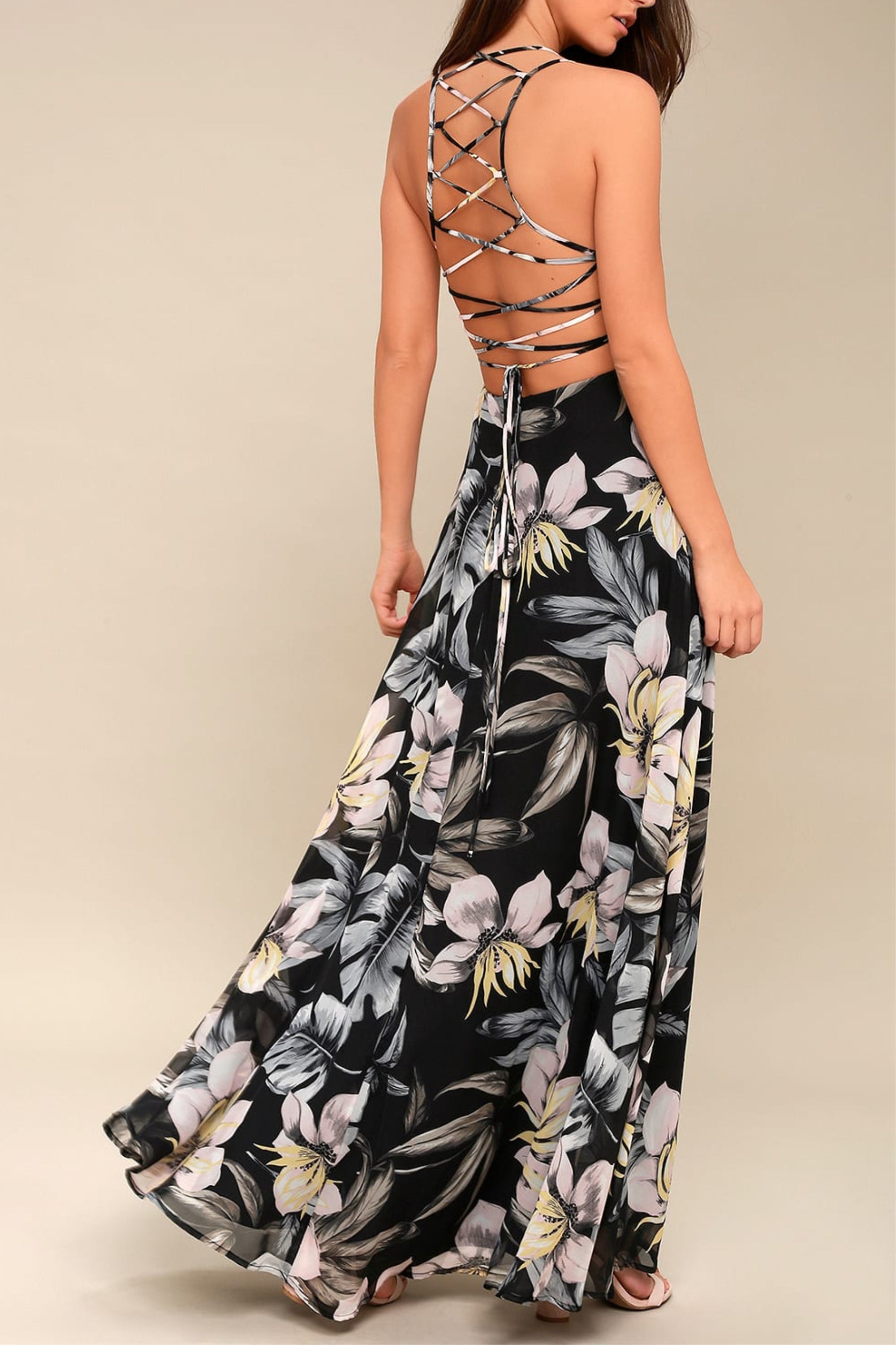 Flowering Girl Women Black Floral Print Lace-Up Maxi Dress