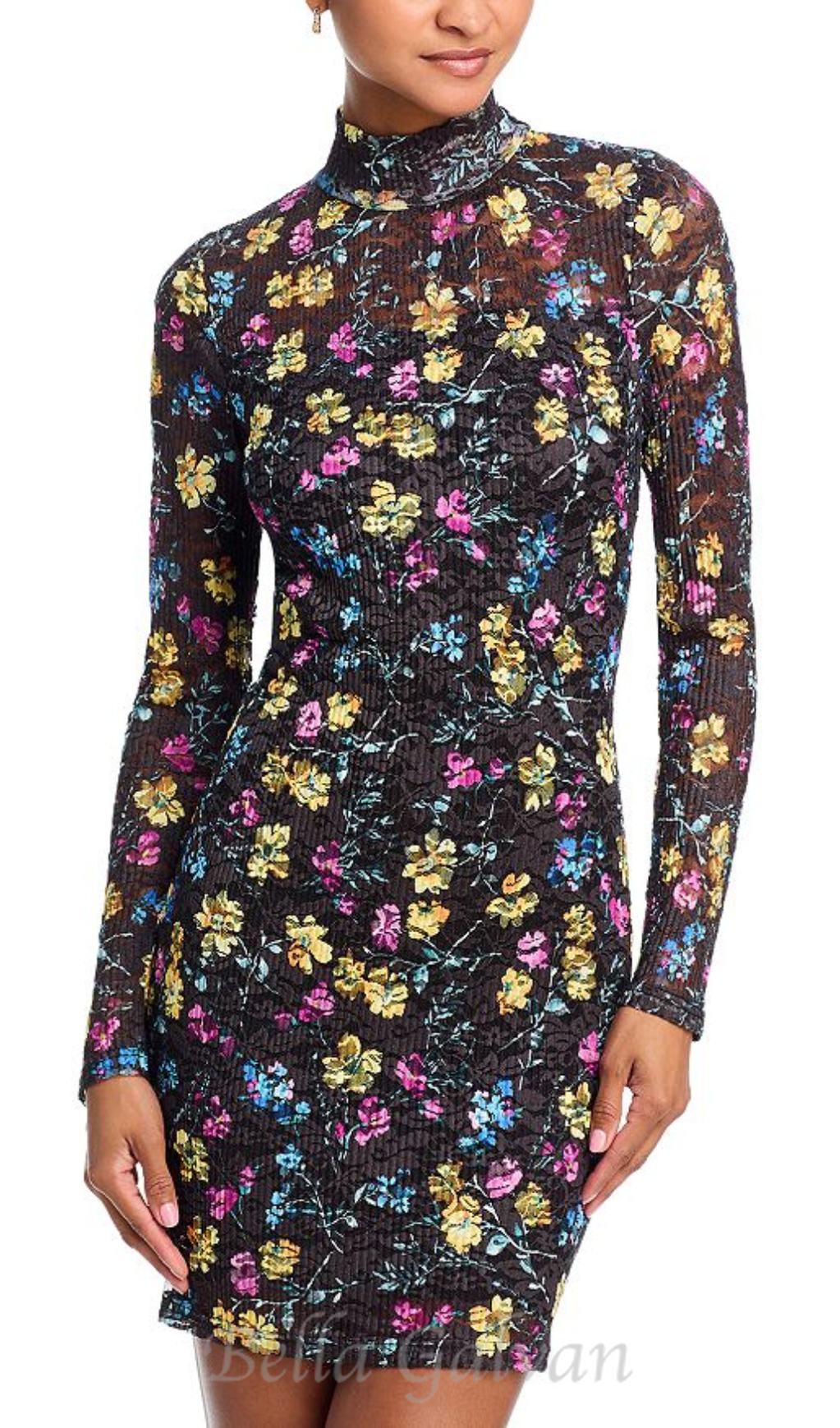 Puckered Lace mini Dress in Black Multi