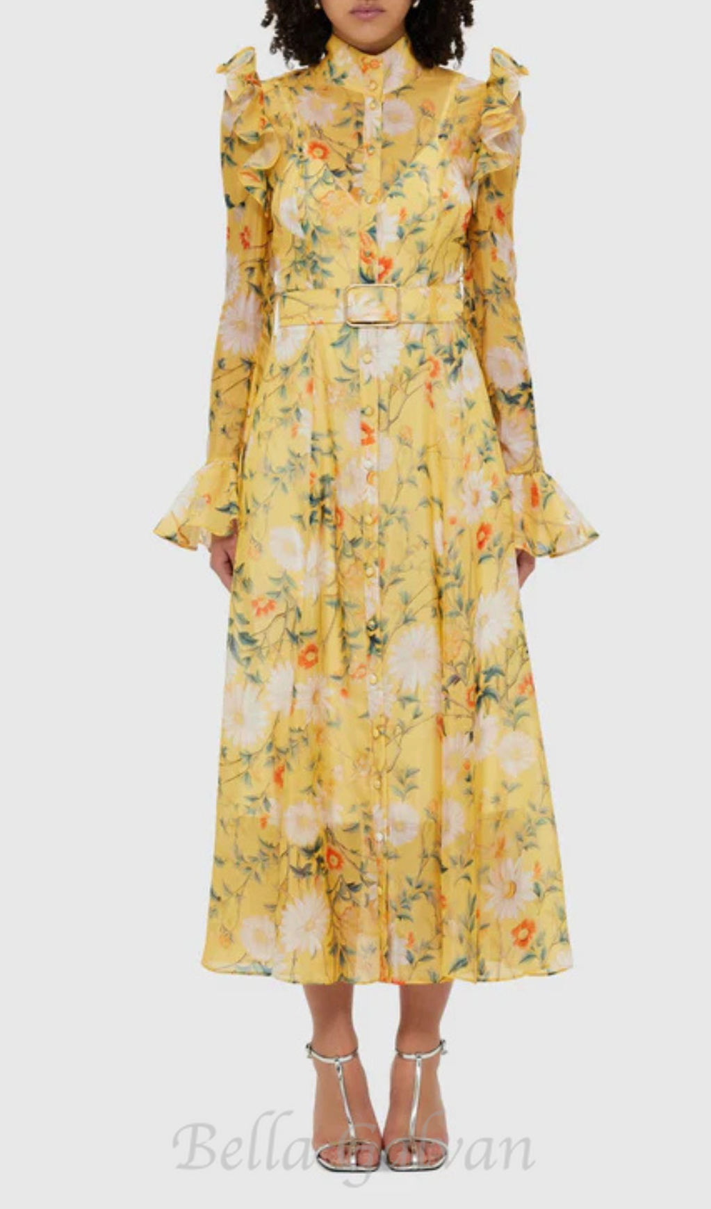 Flowering Girl Women Daisy Print Butterfly Sleeve Midi Dress in yellow