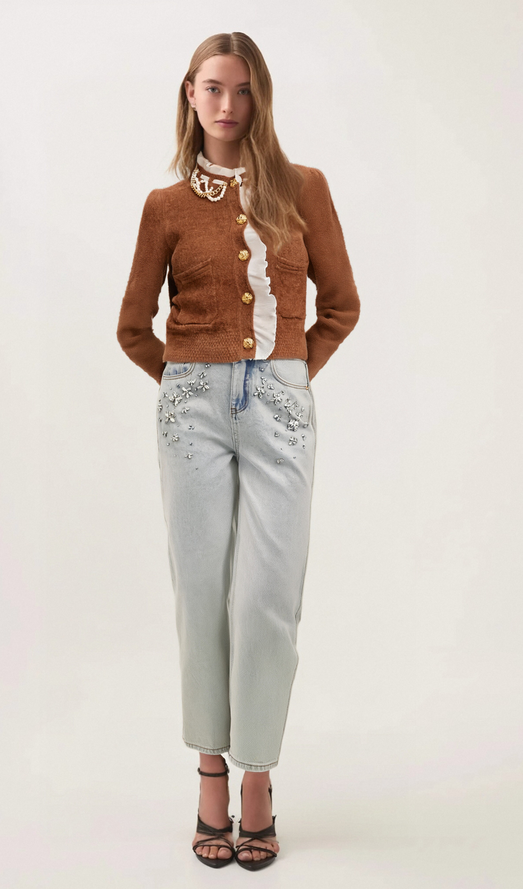 Flowering Girl Women Elisabetta brown embellished ruffled knit cardigan