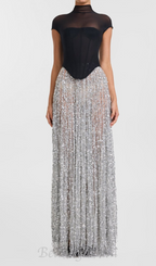 Flowering Girl Women tassel sequin black corset maxi dress
