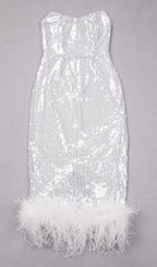 SEQUIN FEATHER MIDI DRESS IN WHITE