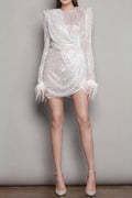 Flowering Girl Women Sequined Feather Mini Dress In White