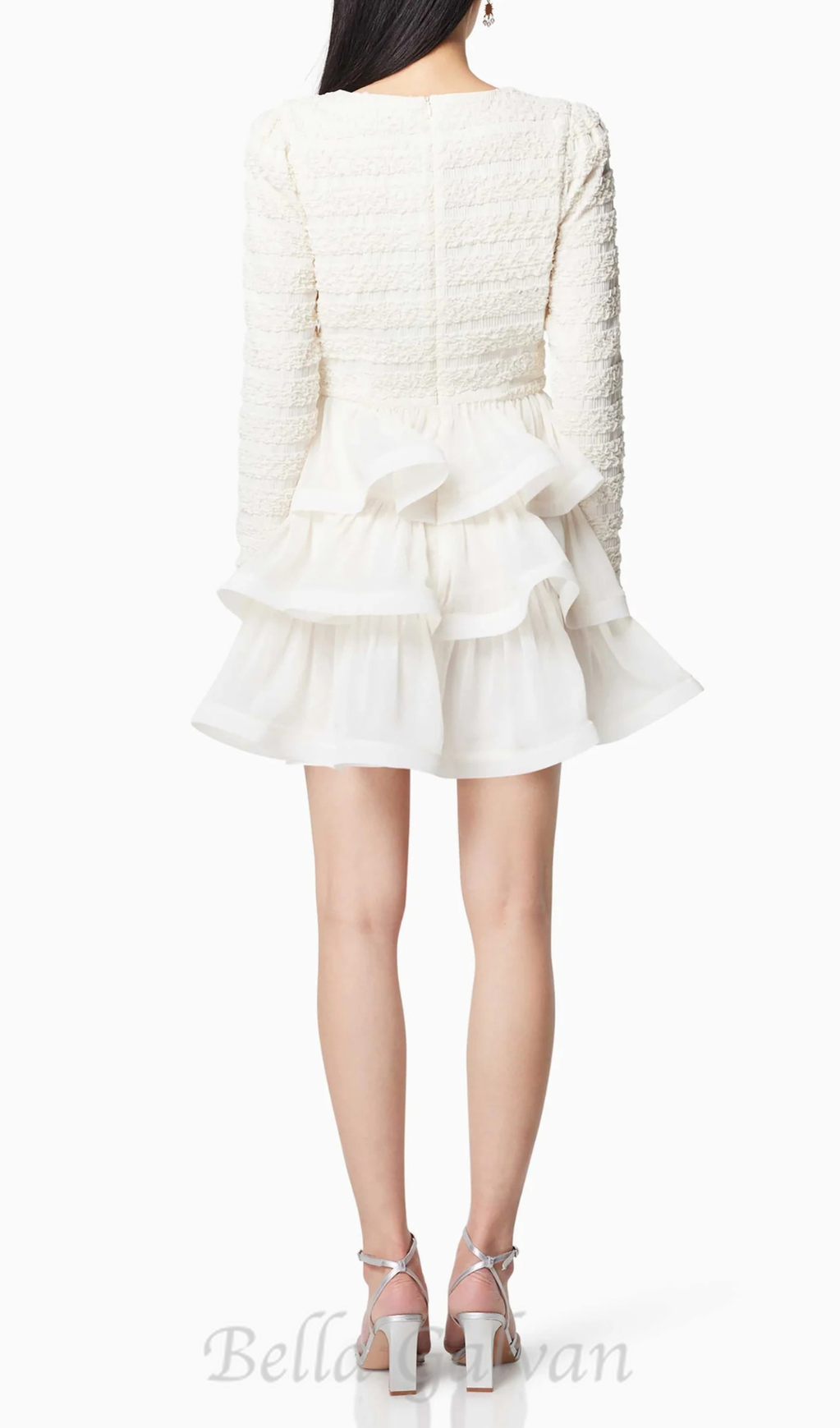 Flowering Girl Women Ruffle trim Long Sleeved Mini Dress in white