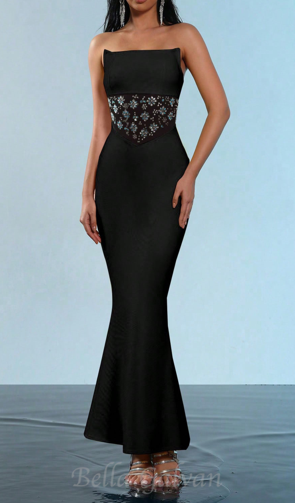 Flowering Girl Women mesh splice rhinestone decor black maxi bandage dress