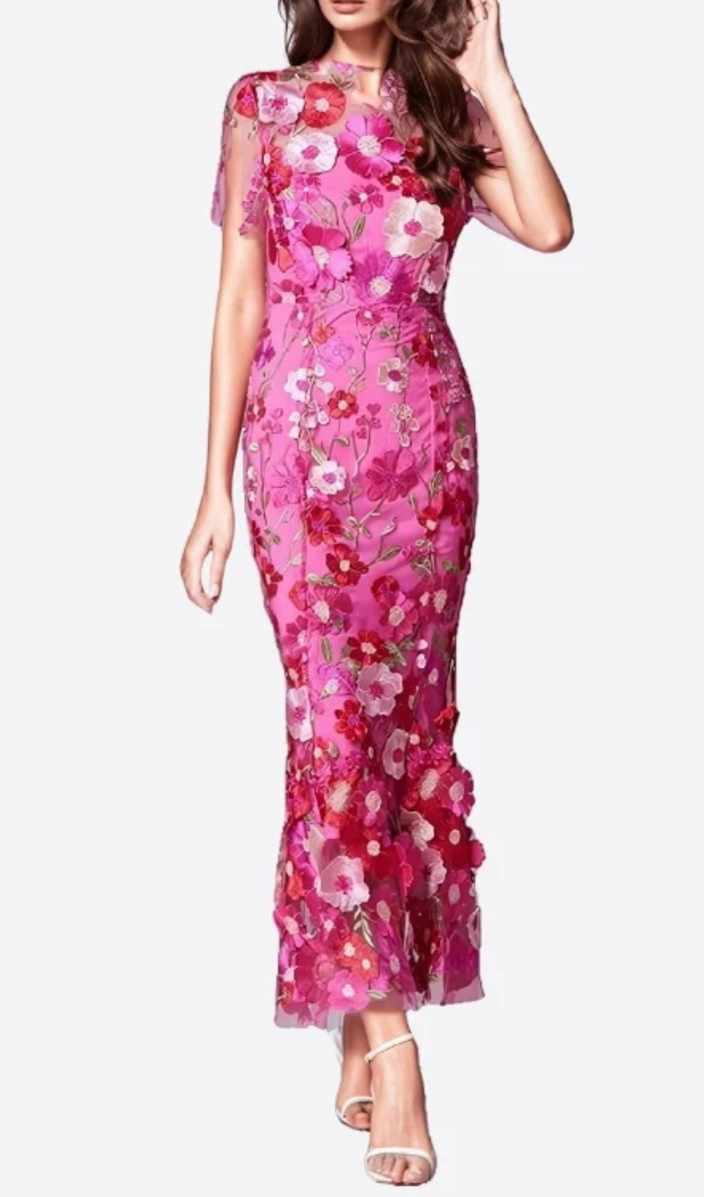 Flowering Girl Women CAROL ROSE RED FLORAL EMBROIDERY MESH FISHTAIL MIDI DRESS