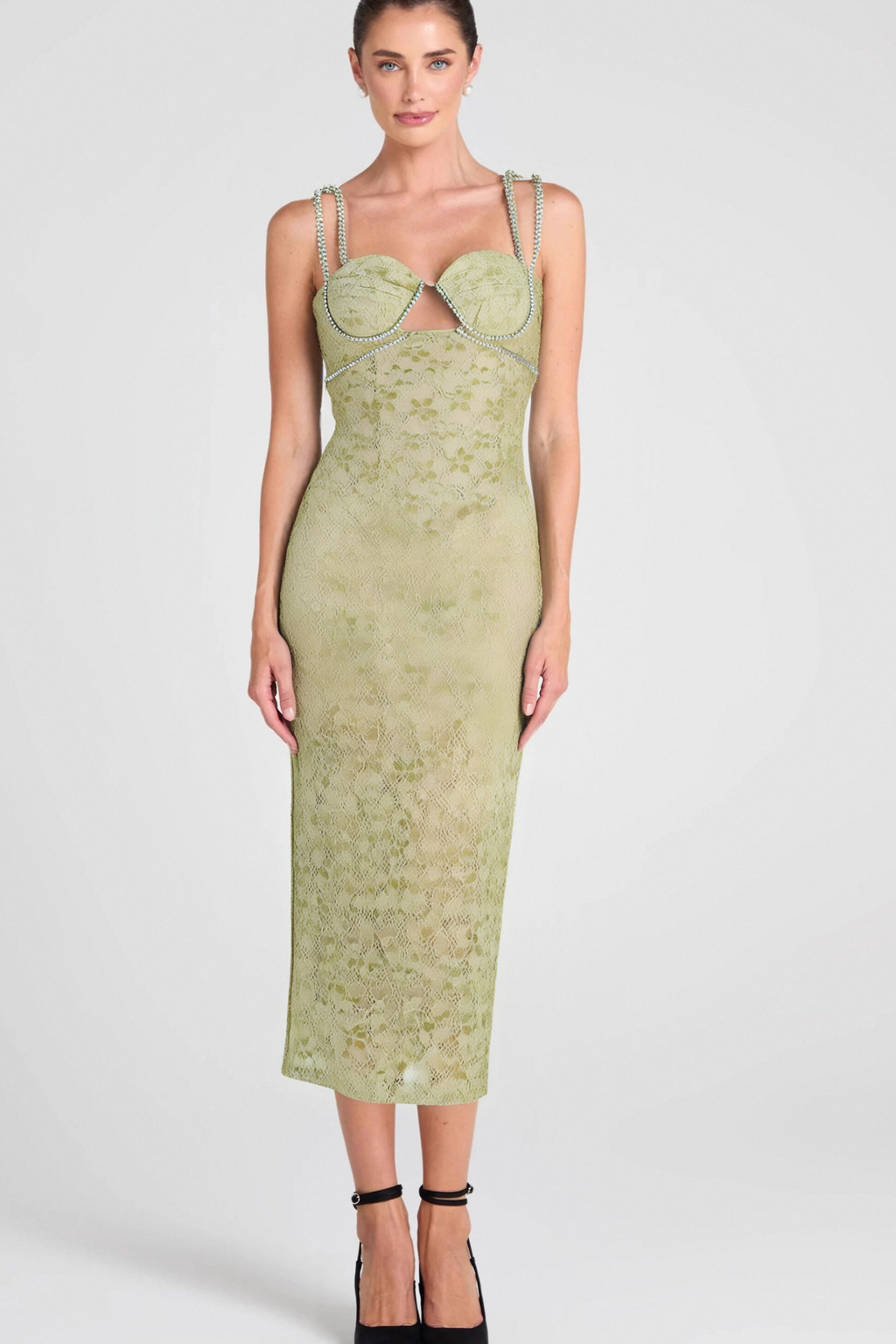 Flowering Girl Women Lace Floral Crystal Chain Bustier Midi Dress
