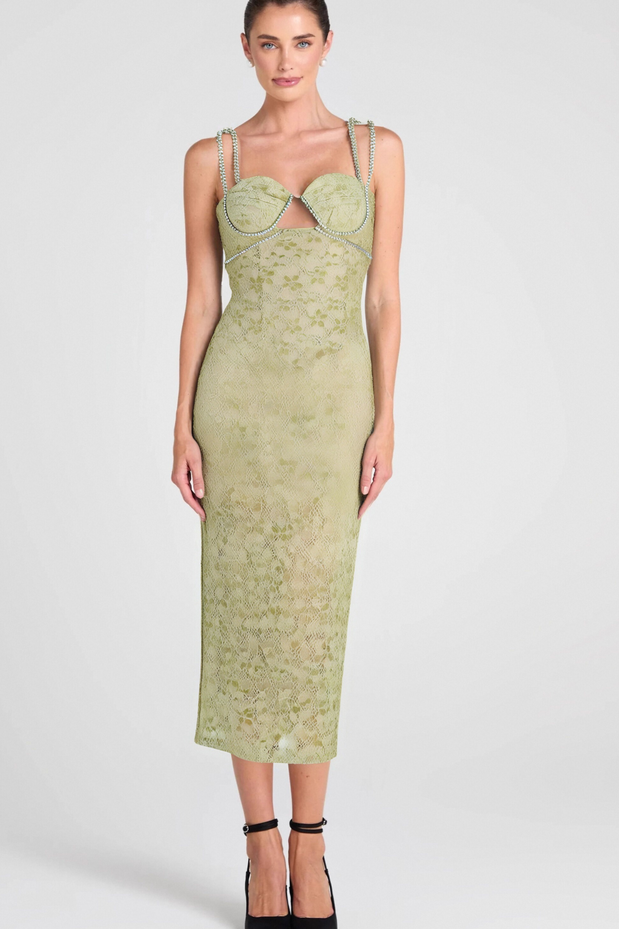 Flowering Girl Women Lace Floral Crystal Chain Bustier Midi Dress