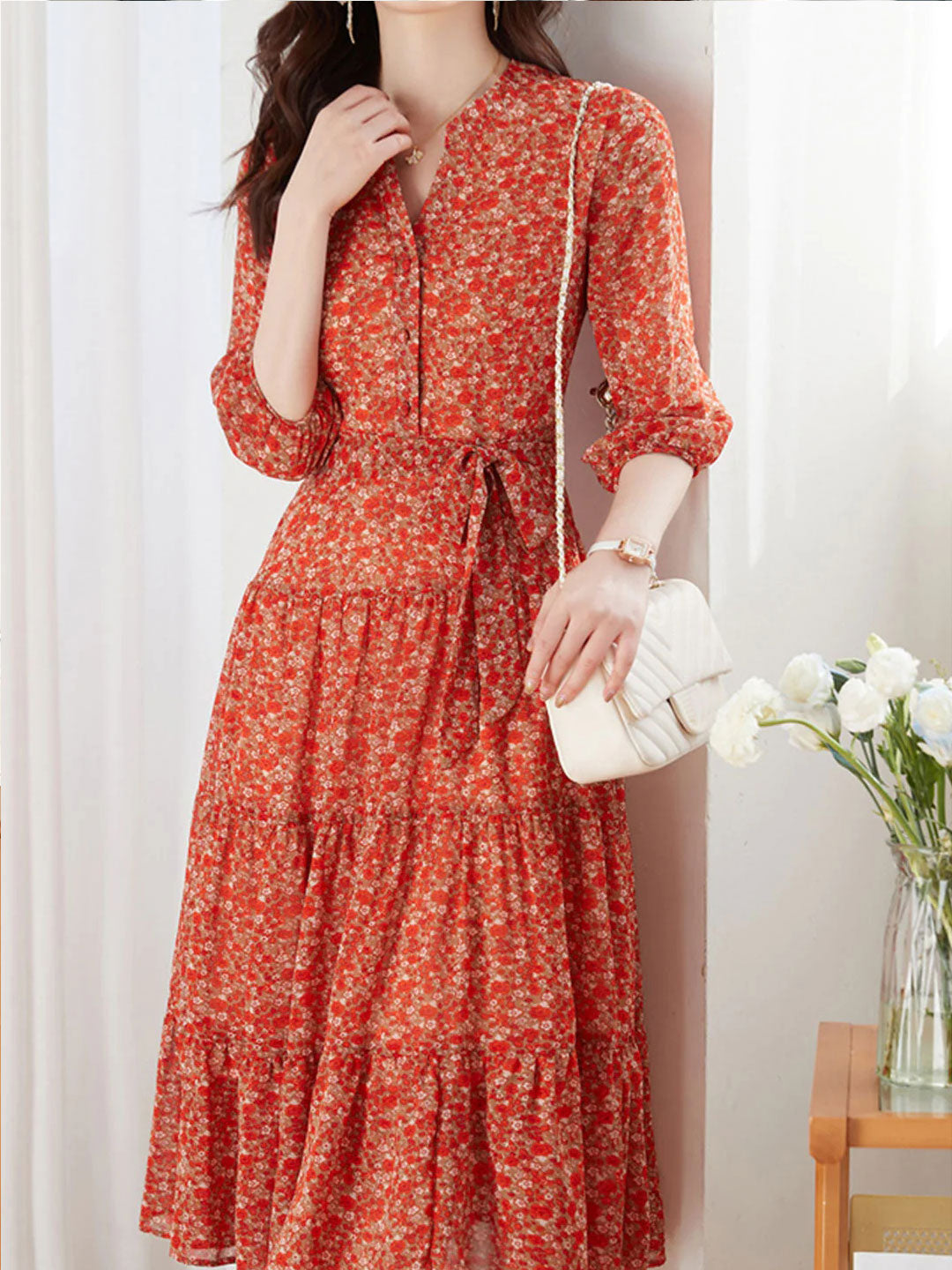 Flowering Girl Women lyuba Vintage Ruffle Floral Chiffon Maxi Dress