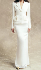 Flowering Girl Women flower embellished jacket skirt set in white