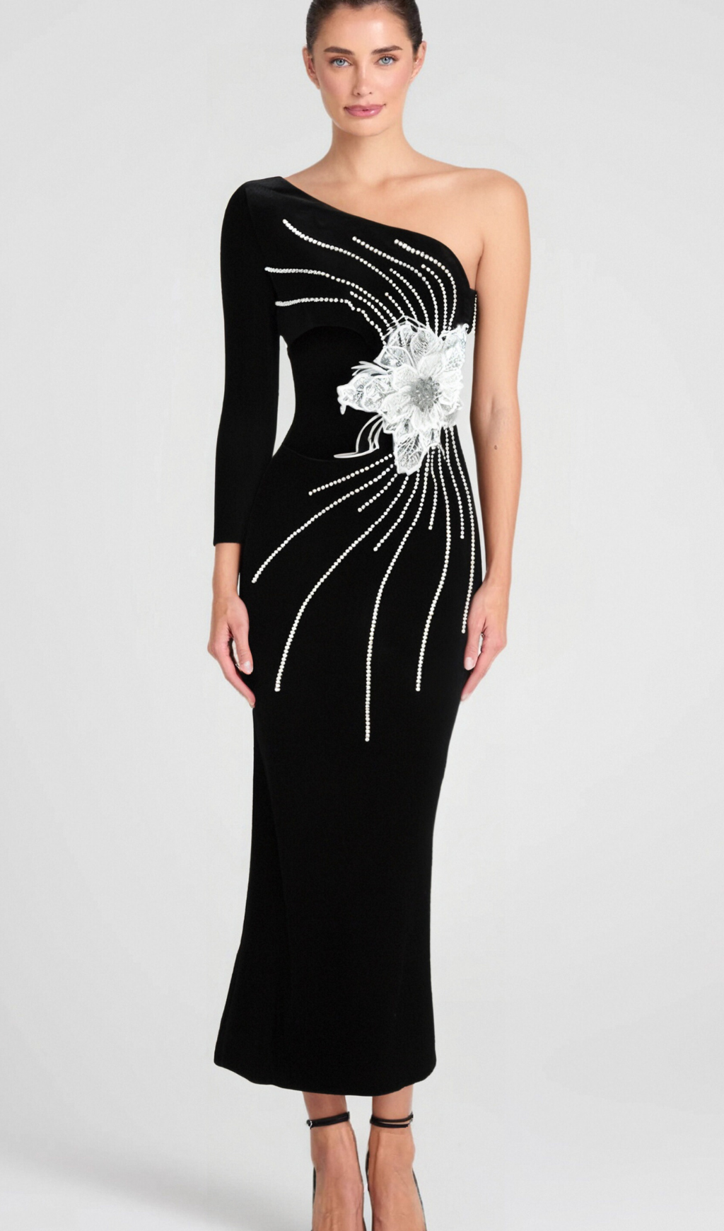 Flowering Girl Women Calista Olive Black One Shoulder Velvet Maxi Dress