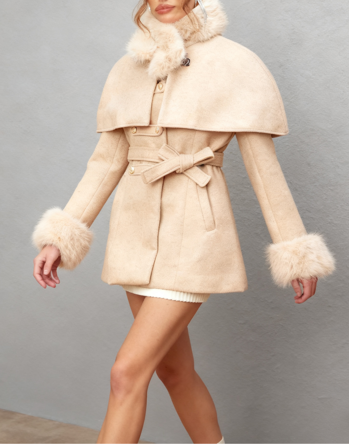 Flowering Girl Women Rosella Detachable-Cape Faux-Fur Coat