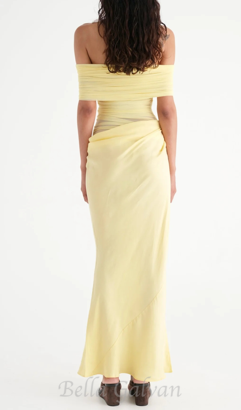 Flowering Girl Women Reanko Off Shoulder Ruched Mesh Maxi Dress - Yellow