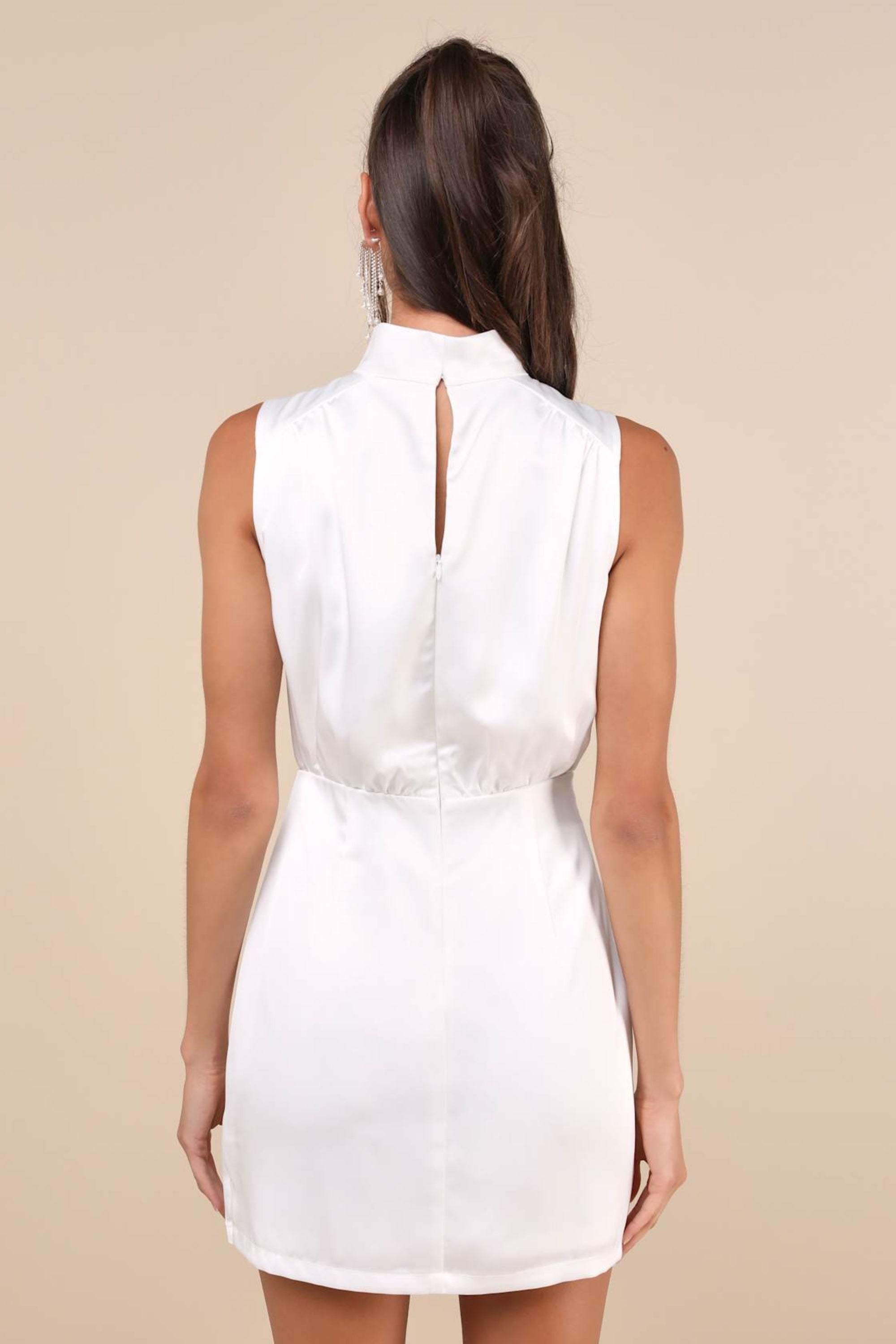 Flowering Girl Women White Satin Sleeveless Mock Neck Mini Dress