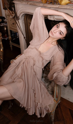 Flowering Girl Women V-neck lantern sleeve pleated midi dress in pale coffee