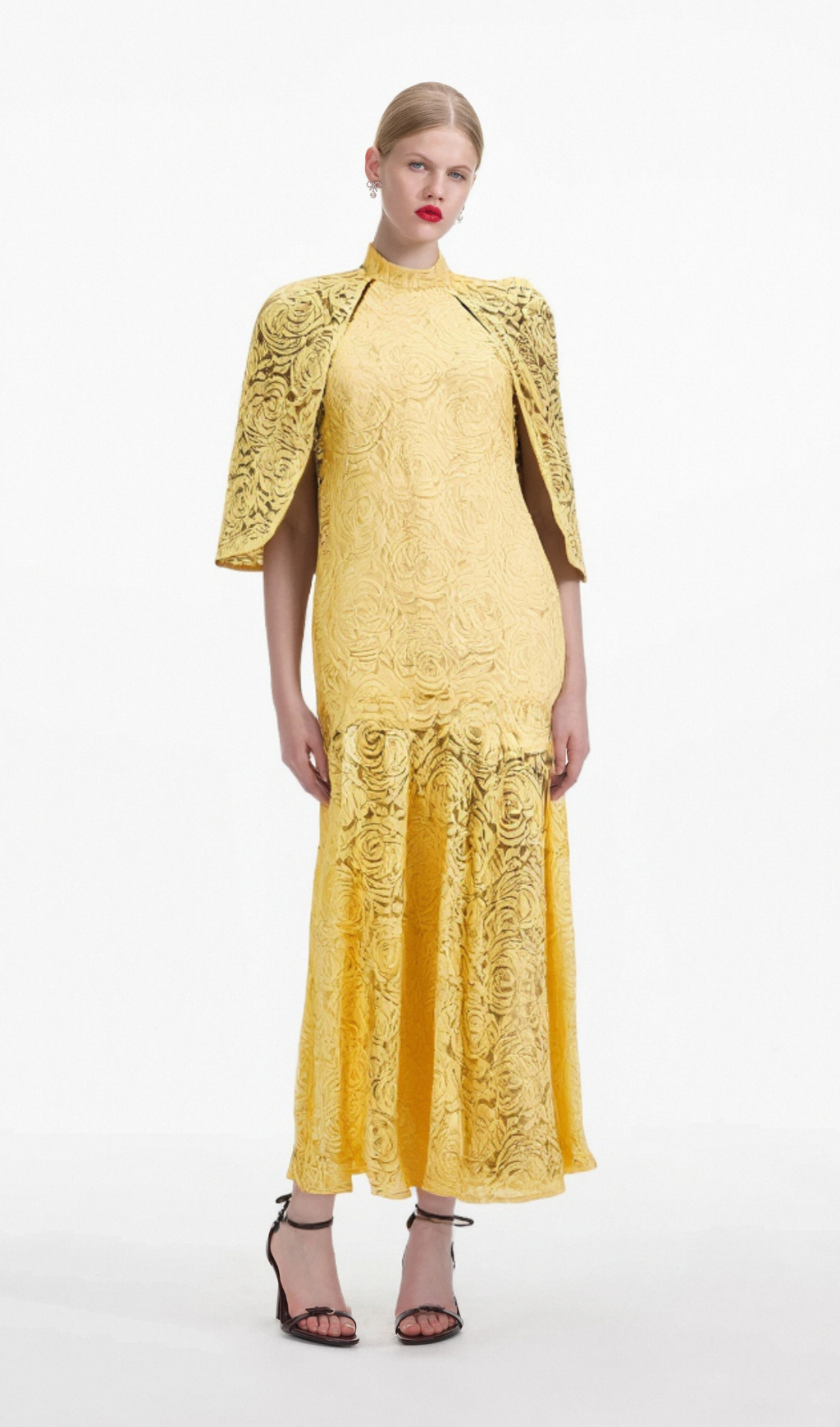 Flowering Girl Women Ursula yellow cape-design chantilly-lace maxi dress