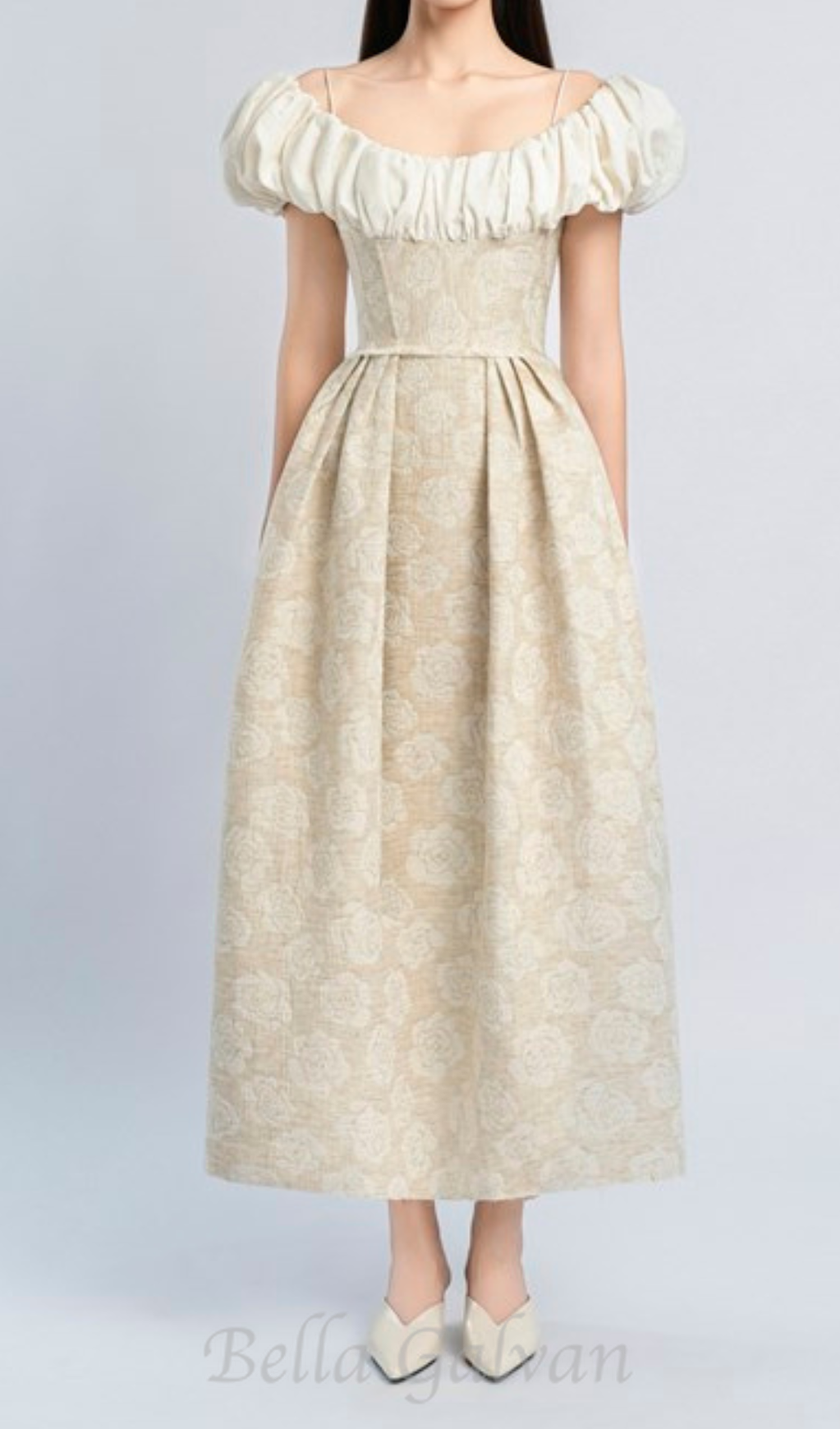 Flowering Girl Women boat neck corset maxi dress in beige