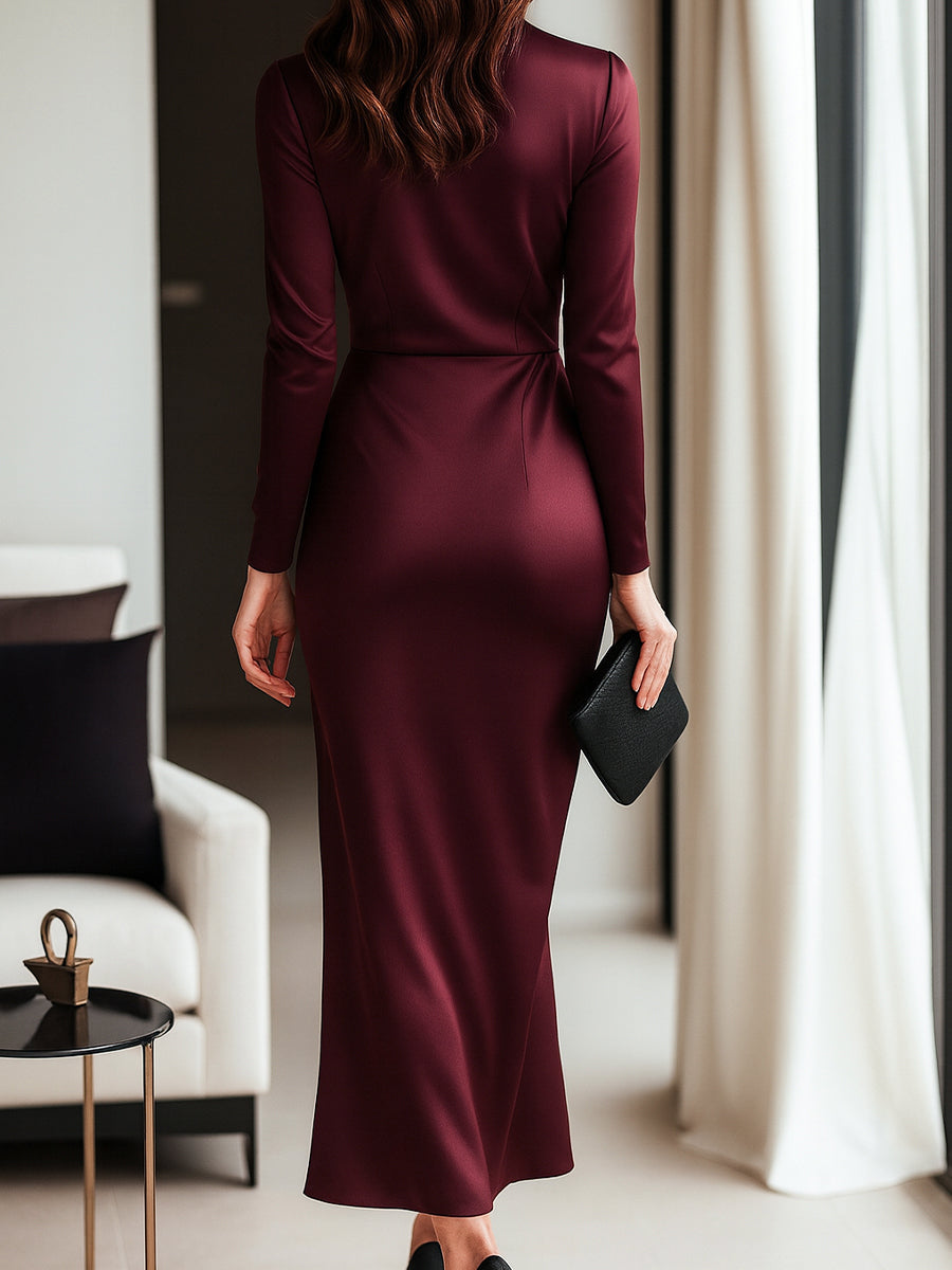 Timeless Burgundy Satin Wrap Dress With Waist Tie Detail